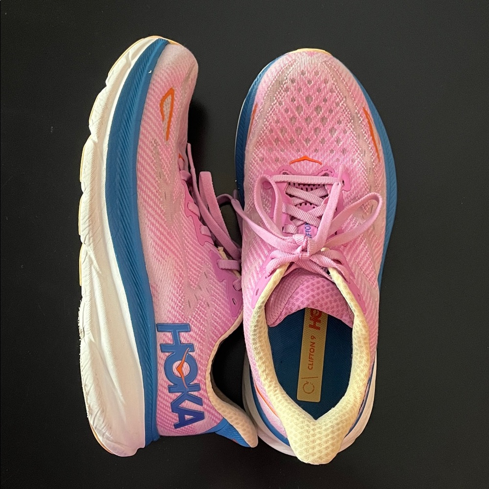 Hoka Clifton 9 Pink and Blue running shoes